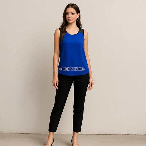 Express Cobalt Blue Chiffon Tank Top Mesh Back Zip Sleeveless Blouse Size M - Picture 8 of 9